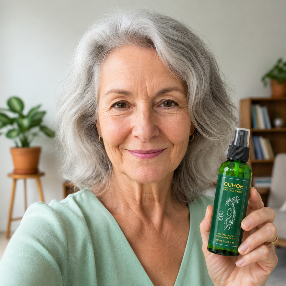 Mujer de pelo canoso sonriendo con el spray capilar con ginseng en la mano