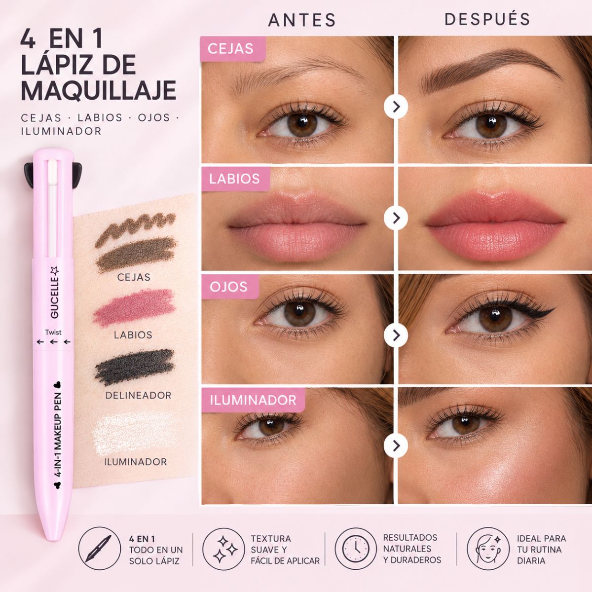 Antes y después con el lápiz de maquillaje 4 en 1 GUCELLE: cejas, labios, ojos e iluminador
