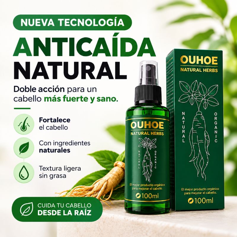 Spray capilar con ginseng de 100 ml junto a su caja y raíz de ginseng